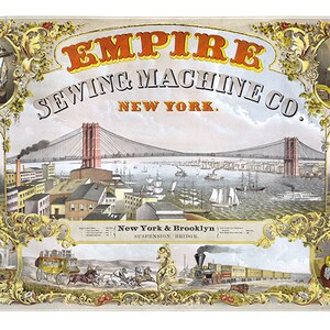 Impresión vintage del puente colgante de Brooklyn, Nueva York, máquinas de coser y transporte. Reproducción de estilo vintage de decoración del hogar.