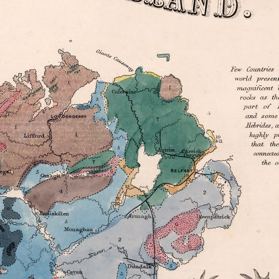 Map of Geological Map of Ireland 1850. Vintage Restoration Etsy