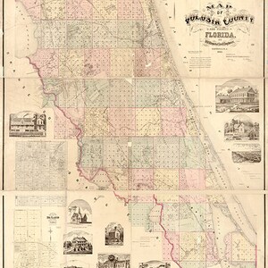 Carte du comté de Volusia et de ses environs en Floride, en Floride, 1883. Réimpression vintage de vieux mur de style déco maison de quincaillerie restauration.