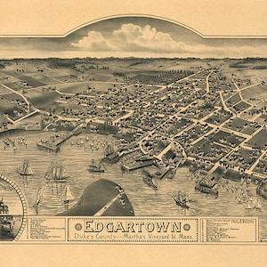 Mapa de Edgartown, condado de Duke, Martha's Vineyard, Id., Massachusetts, MA, 1918. Reimpresión vintage de pared estilo decoración del hogar de Restoration Hardware.