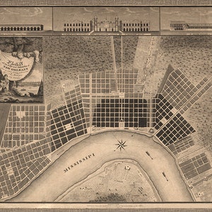 Mapa de Nueva Orleans, Luisiana, 1815: Plano de la ciudad y sus alrededores. Reproducción de una antigua impresión de pared, estilo art déco, de una ferretería restaurada.