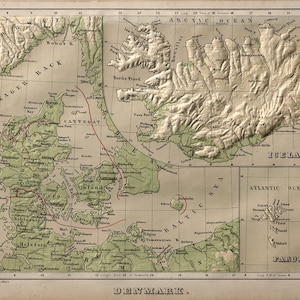 Carte de l'Islande, du Danemark et des îles Féroé, 1880. Reproduction de carte murale ancienne de style déco maison vintage.