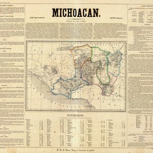 Map of Michoacan, Mexico, 1858.  Vintage home Deco Style old wall reproduction map print.
