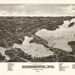Mapa de Oconomowoc, Condado de Waukesha, Wisconsin 1885, WI. Impressão de mapa de reprodução de parede antiga em estilo Deco, de casa de ferragens de restauração vintage.