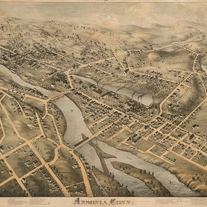 Mapa de Ansonia, condado de New Haven, Connecticut, CT, 1875. O.H. Bailey. Impresión de mapa de pared de estilo art déco, restaurado y de época.