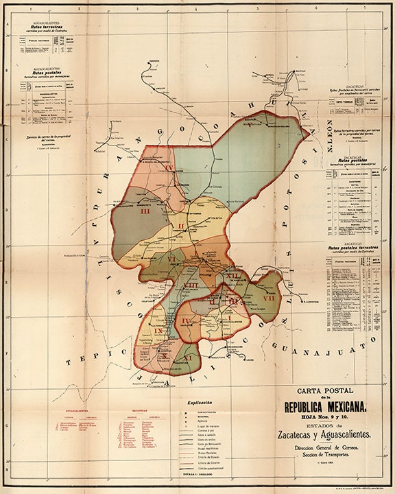 Ojo Caliente Zacatecas Map Map Of Zacatecas And Aguascalientes Mexico 1904. Vintage | Etsy Ireland
