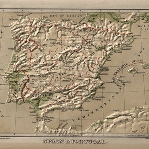 Carte de l'Espagne et du Portugal de 1880. Reproduction de carte murale ancienne de style déco maison vintage.