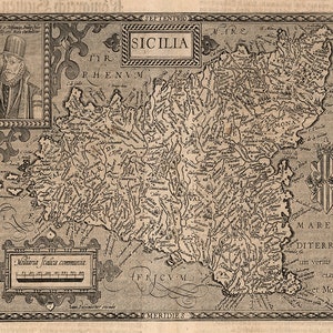 Map of Sicily, Italy, 1600s.  Vintage home Deco Style old wall reproduction map print.