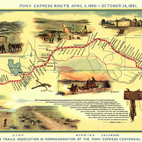 Antique Map of Pony Express - Etsy
