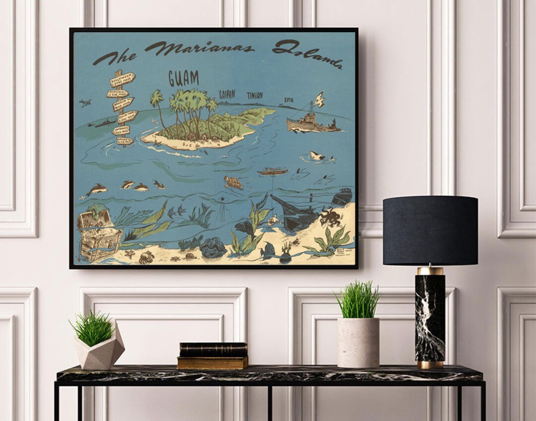 Pictorial Map of Guam. Home Deco Style Old Wall Vintage Reprint. Etsy