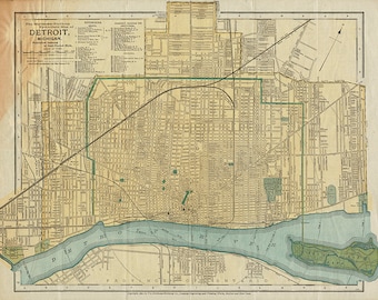 Map of the Detroit, Michigan MI, 1895.  Restoration Hardware Home Deco Style Old Wall Vintage Reprint.