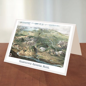 Tarjeta de felicitación del Parque Nacional de Yellowstone, 1904. Reproducción histórica del mapa con vistas aéreas. Compañía Ferroviaria del Pacífico Norte.