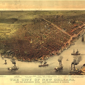 Landkarte von New Orleans und dem Mississippi River Lake Portcharrain in Ferne 1885. Vintage home-Deco-Stil alte Wand Reproduktion Karte