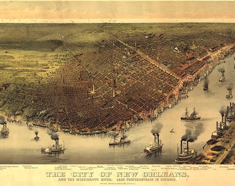 Map of New Orleans, and the Mississippi River Lake Pontchartrain in distance 1885. Vintage home Deco Style old wall reproduction map print.