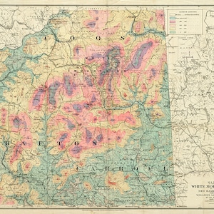 Montañas Blancas, Nuevo Hampshire, N.H. Mapa de Walling, 1881. Impresión de reproducción de mapa de pared antiguo de estilo Deco para el hogar, con hardware de restauración vintage.