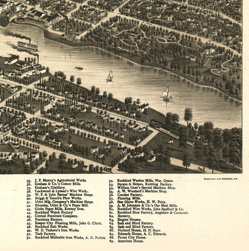 Map of Rockford Winnebago Co. Illinois 1880. Vintage Home Etsy