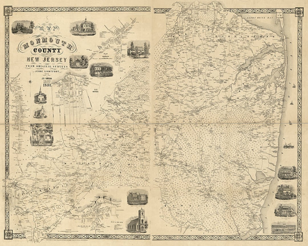 Map of Monmouth County., New Jersey NJ 1851 Vintage Restoration