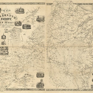 Mapa del condado de Monmouth, Nueva Jersey (NJ) 1851; Vintage restauración hardware hogar Deco estilo antiguo pared reproducción mapa impresión.