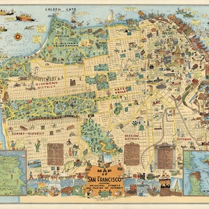 Bildliche Karte von San Francisco, Kalifornien, CA. Vintage Home Deco Style alte Wand Reproduktion Landkarte Druck.