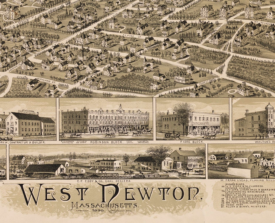Map of West Newton Massachusetts MA. 1890. Restoration Etsy