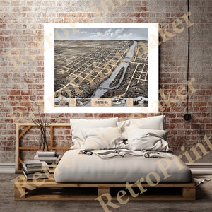 Geneva, Kane County, Illinois 1869  Looking north west.  Vintage restoration hardware home Deco Style old wall reproduction map print.