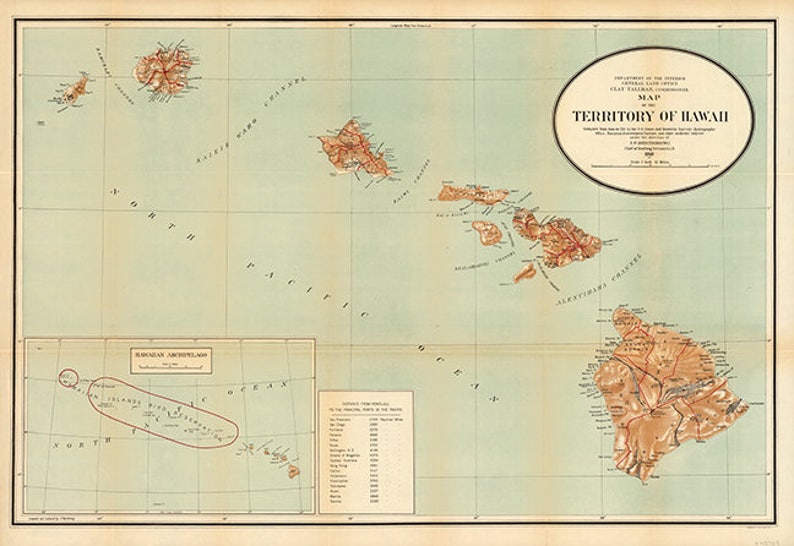 Map of Hawaii 1918. Restoration Hardware Home Deco Style Old Etsy