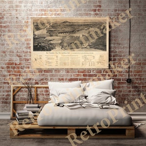 以下が含まれることがあります： サンフランシスコ湾都市圏のヴィンテージマップで、湾に接する主要な郡を示しています。マップは古びた紙に印刷されており、茶色とベージュの色合いです。マップは額装され、レンガの壁に掛けられています。