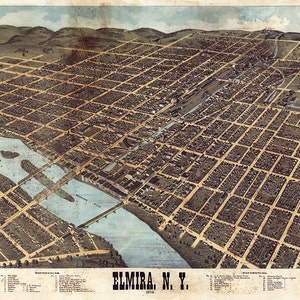 Elmira, Condado de Chemung. Nueva York. N.Y. 1873. Strobridge & Co. Lith. Impresión de mapa antiguo de pared, reproducción de ferretería antigua para restauración.