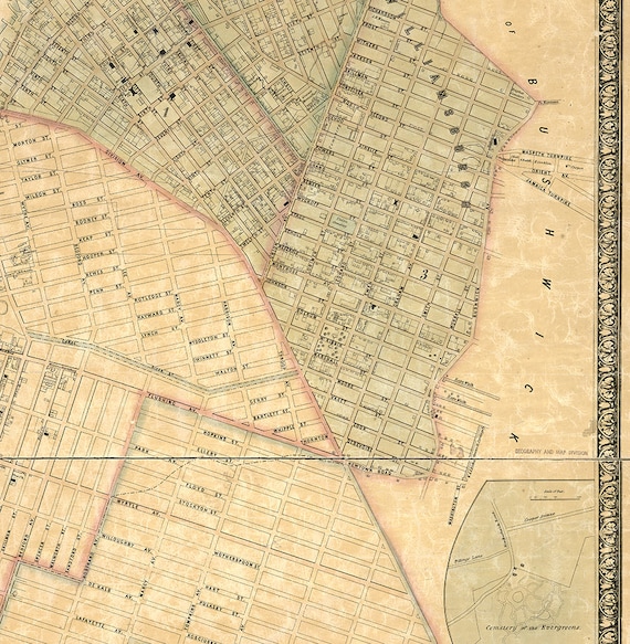 1850 Map of Brooklyn NY and Williamsburgh Reproduction Print