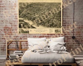 Map of Gadsden, Etowah County, Alabama AL., 1885.  Vintage restoration hardware home Deco Style old wall reproduction map print.