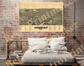 Map of Amesbury, Essex County Massachusetts 1890.  Vintage restoration hardware home Deco Style old wall reproduction map print.