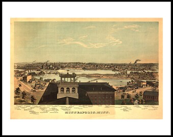 Map of Minneapolis, Minnesota MN c1874 Hoffman.  Bird's Eye View. Restoration Hardware Home Deco Old Wall Giclee