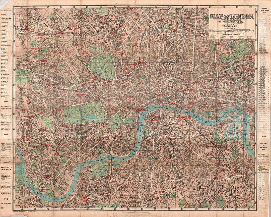 歴史的なロンドン地図 イギリス 1919年。レストレーション