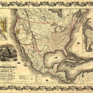 Die Vereinigten Staaten, die britischen Provinzen, Mexiko Reproduktion Karte 1849