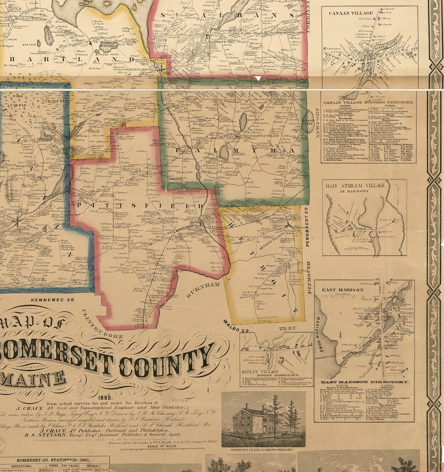 Map of Somerset County Maine. 1860. Vintage home Deco Style Etsy