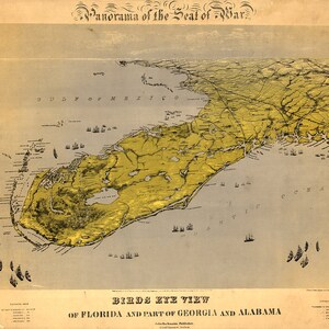 Kaart van Florida en een deel van Georgia en Alabama 1861. Restauratiebeslag Home Deco-stijl oude muur vintage herdruk.