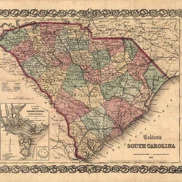 Map of South Carolina SC 1865.  Vintage restoration hardware home Deco Style old wall reproduction map print.