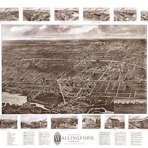 Karte von Wallingford, New Haven CO., Conneticut CT 1904.Hughes & Bailey Reproduktion einer Vintage-Karte aus der Vogelperspektive
