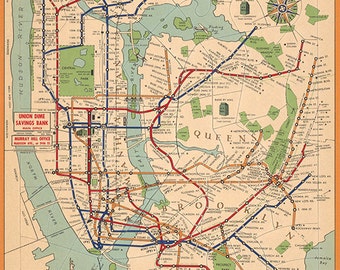 Map of New York city subway system 1954.  Vintage restoration hardware home Deco Style old wall reproduction map print.