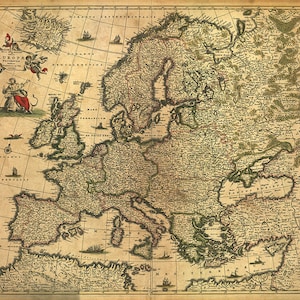 Mapa de Europa, 1700.  Restauración de hardware Home Deco Style Old Wall Vintage Reprint. Varía los tamaños disponibles.
