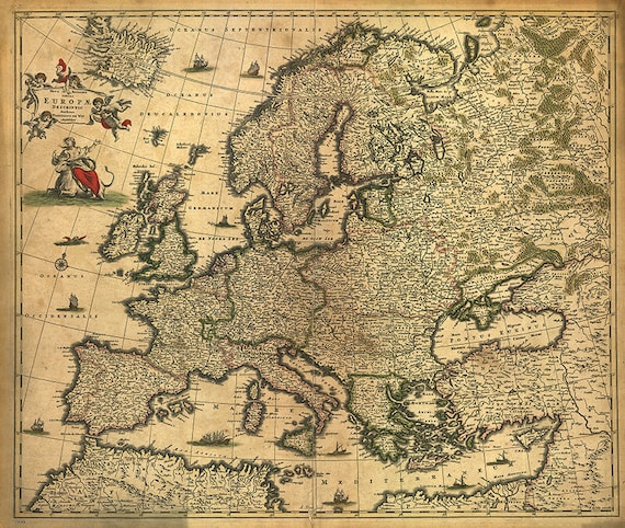 Map of Europe, 1700. Restoration Hardware Home Deco Style Old Wall