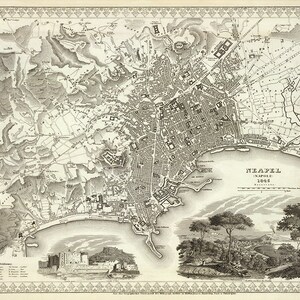 Map of Naples, Italy 1828.  Carta de contorni di Napoli.  Restoration Hardware Home Deco Style Old  Wall Map.  Vintage Reproduction.