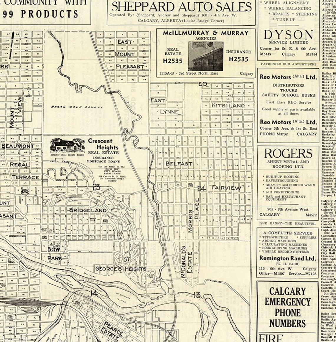 Map of Calgary Alberta Canada in 1950. Restoration Hardware Etsy