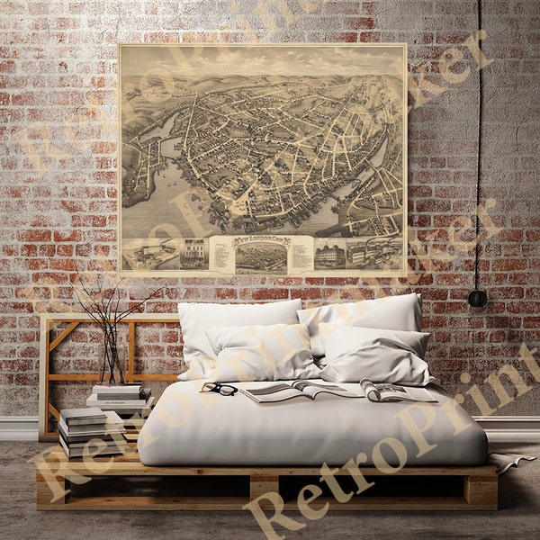 New London, Connecticut CT 1876   Vintage restoration hardware home Deco Style old wall reproduction map print.