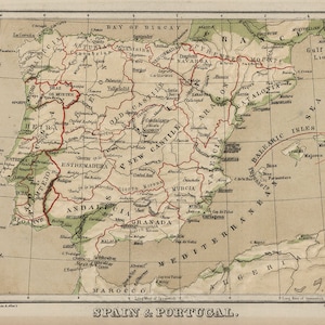 Carte de l'Espagne et du Portugal de 1880. Reproduction de carte murale ancienne de style déco maison vintage.