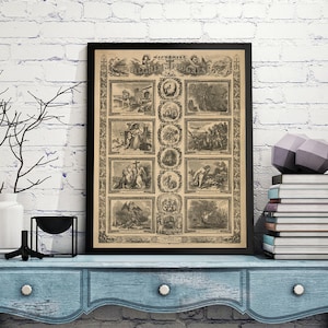 May include: A black framed print of a vintage illustration depicting "Pictures of England in Progress" with 12 scenes of historical events. The print is displayed on a light blue dresser with a white vase and a black bowl.