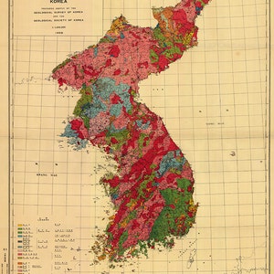 Map of North and South Korea with geologic information.  Restoration Hardware Home Deco Style Old Wall Vintage Reprint.