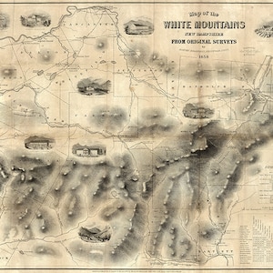 Bosque Nacional de las Montañas Blancas, Nuevo Hampshire y Maine, 1859. Impresión de mapa antiguo de pared, estilo art déco, restaurado con hardware vintage.