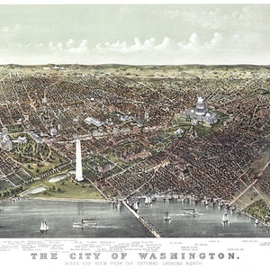 Washington, D.C. vanaf de Potomac-rivier, naar het noorden; Hieronder staan een aantal opvallende kenmerken: 1892. DC0002 Vintage kunstposter in vogelvluchtperspectief