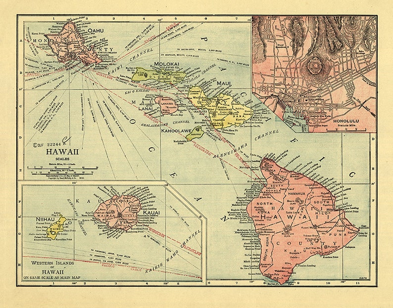 Map of Hawaii 1912. Restoration Hardware Home Deco Style Old Etsy